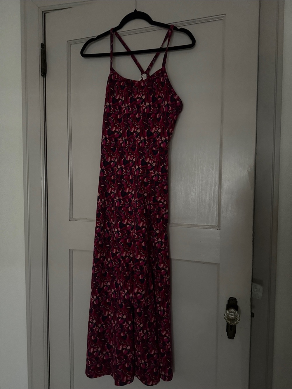 Women's Burgundy Floral Midi Dress with Spaghetti Straps